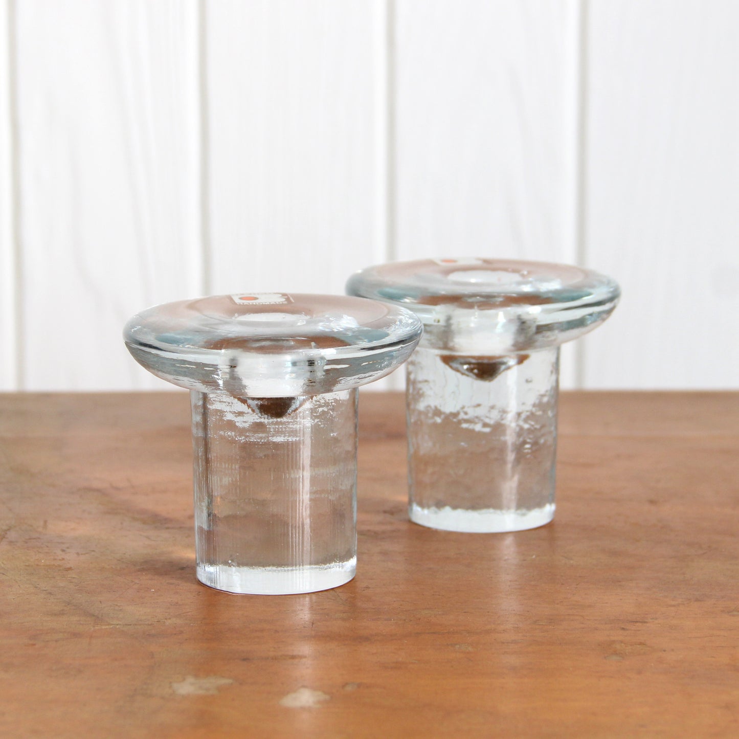 Vintage Blenko clear glass mushroom candleholders
