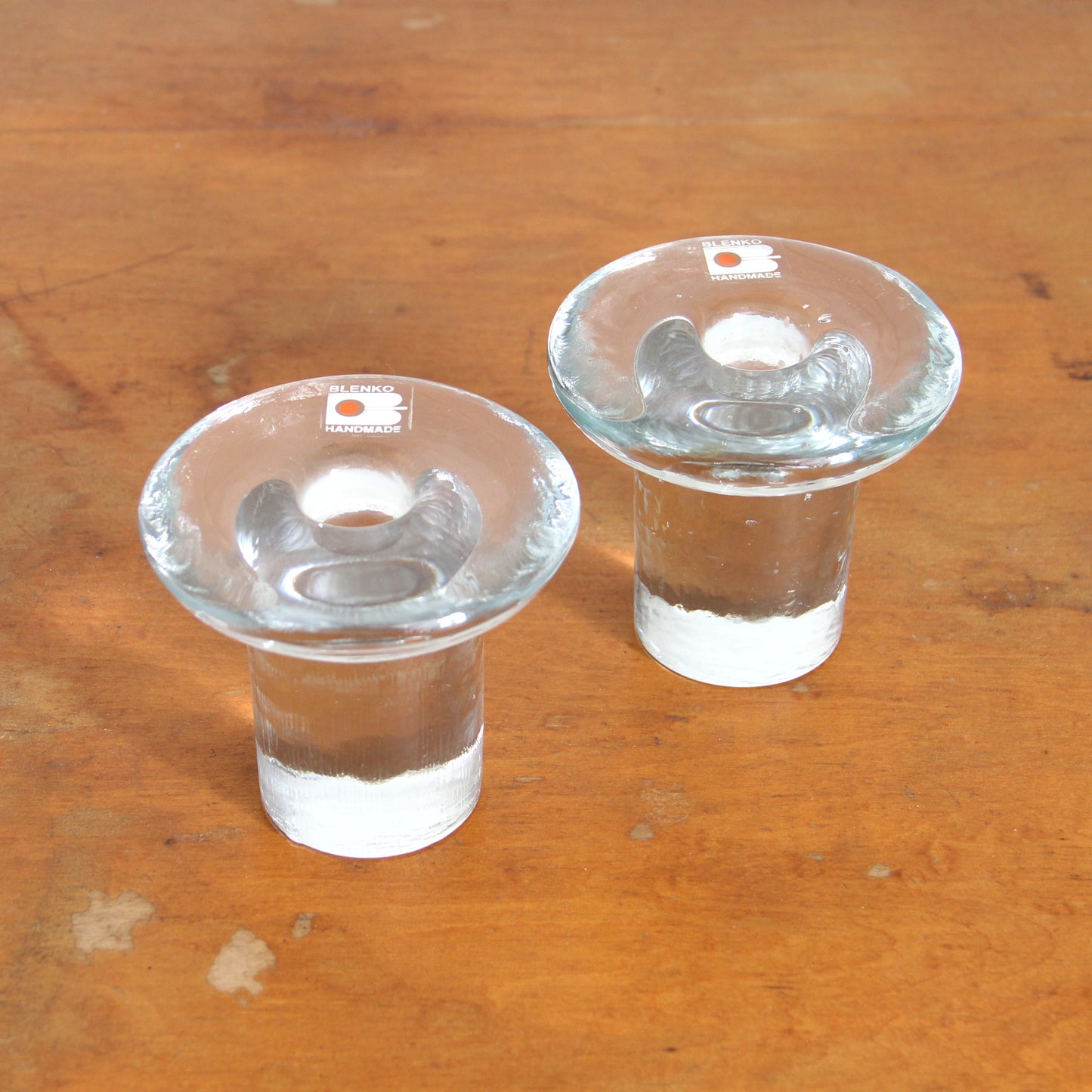 Vintage Blenko clear glass mushroom candleholders
