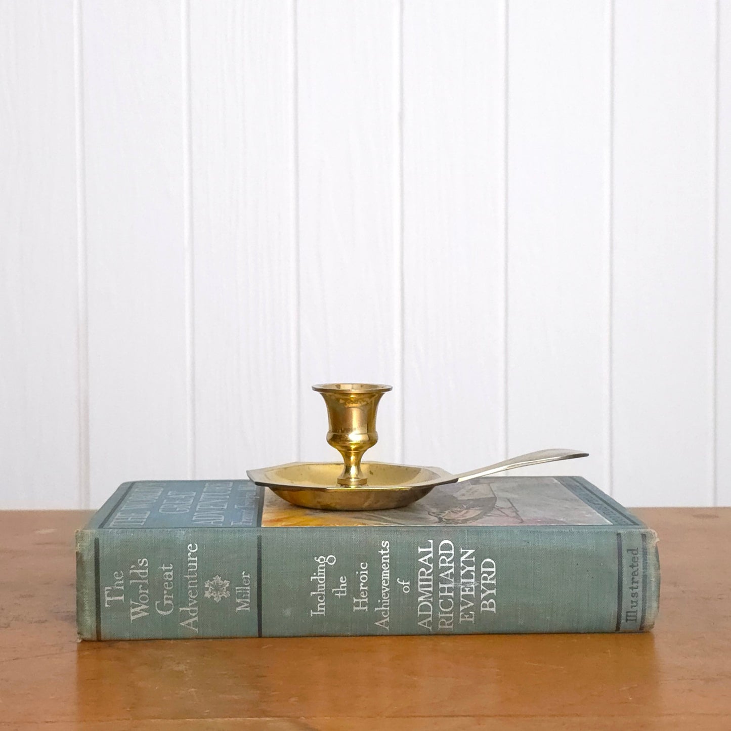 Side view of Brass Tab Handle Mini Chamber Candlestick Holder