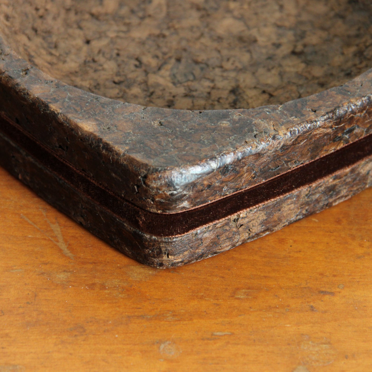 1970s cork and velvet trim catch-all detail