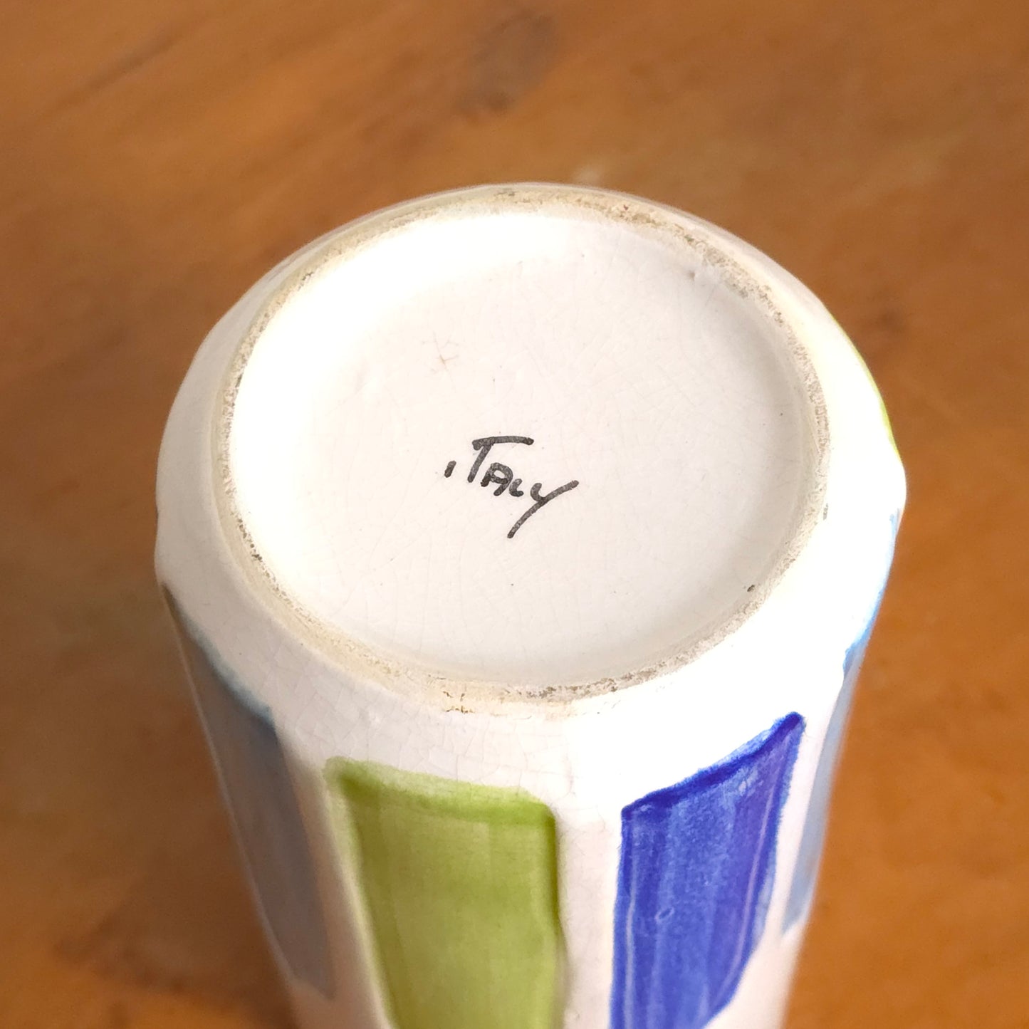 Signature detail of 1960's Italian white rainbow panel pottery vase