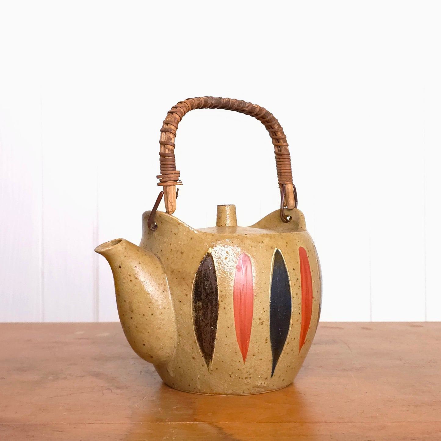 Vintage Japanese reed handle earthenware teapot