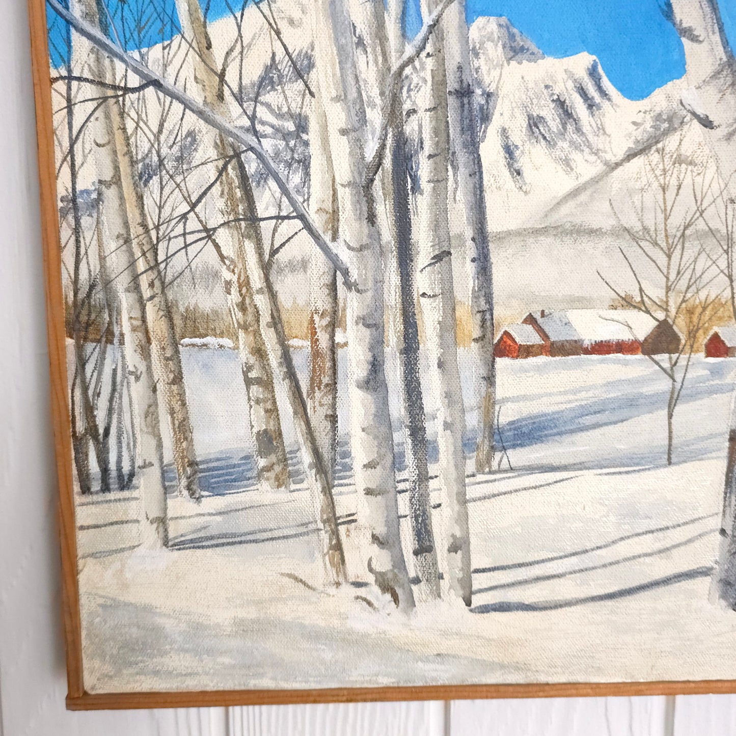 Detail of vintage vibrant blue birch tree landscape painting