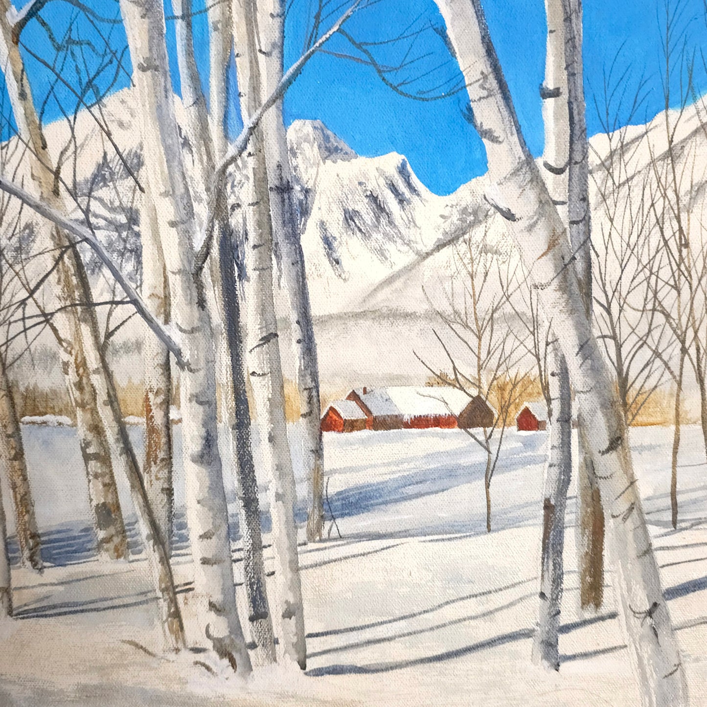 Detail of vintage vibrant blue birch tree landscape painting