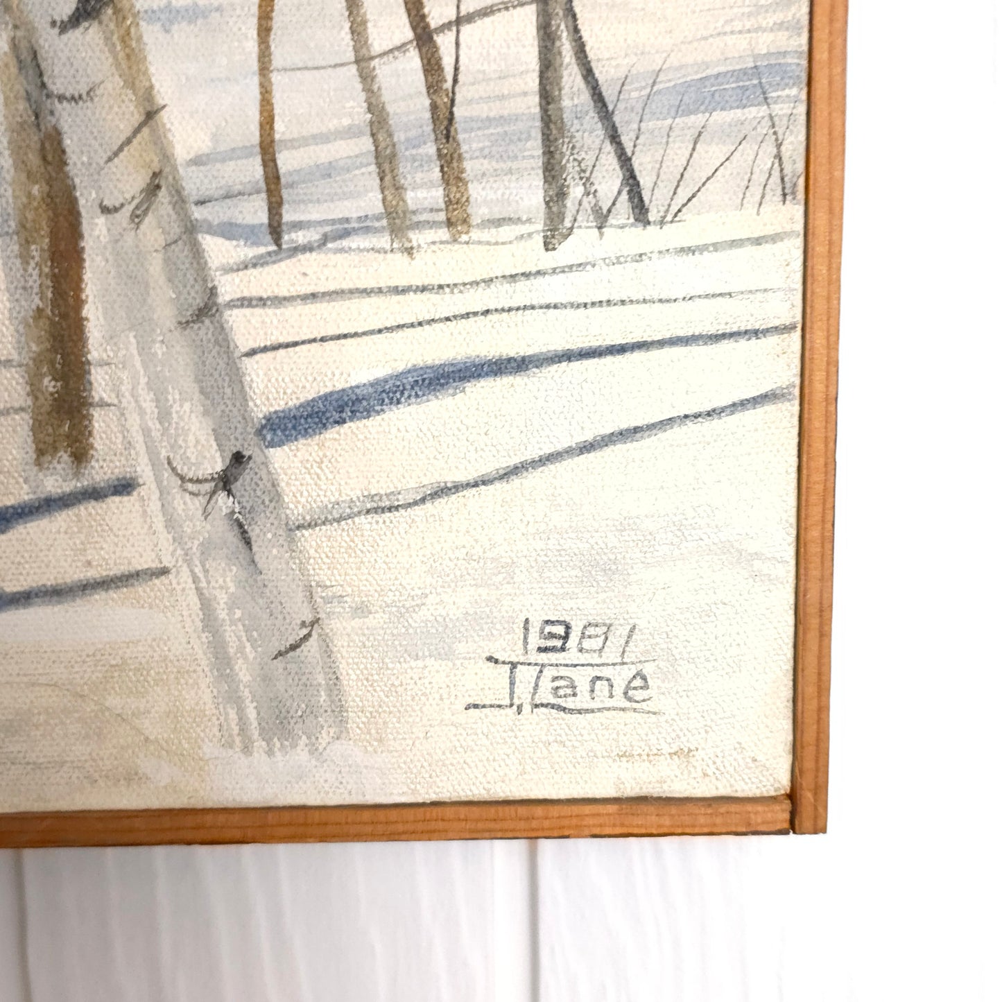 Signature detail of vintage vibrant blue birch tree landscape painting