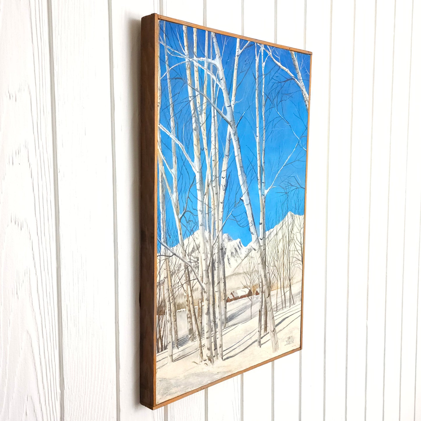 Side view of vintage vibrant blue birch tree landscape painting