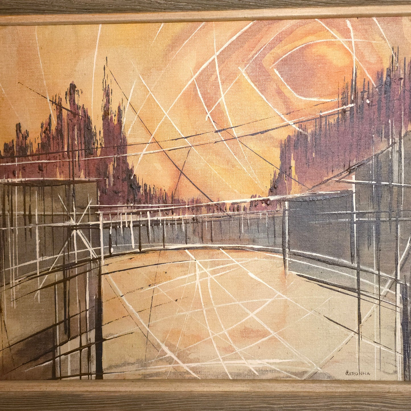 Detail of mid-century abstract sunset landscape painting by Caronna