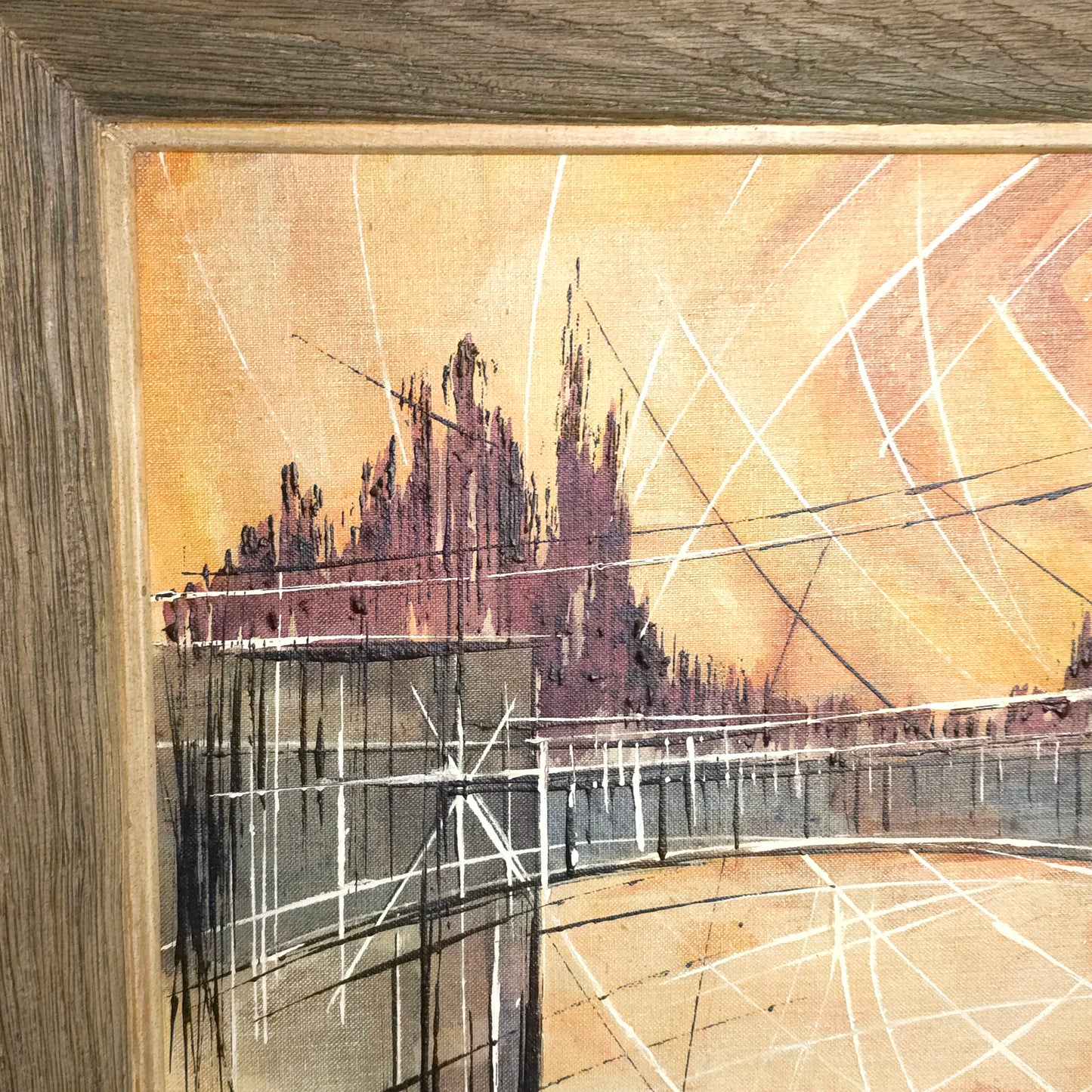 Detail of mid-century abstract sunset landscape painting by Caronna
