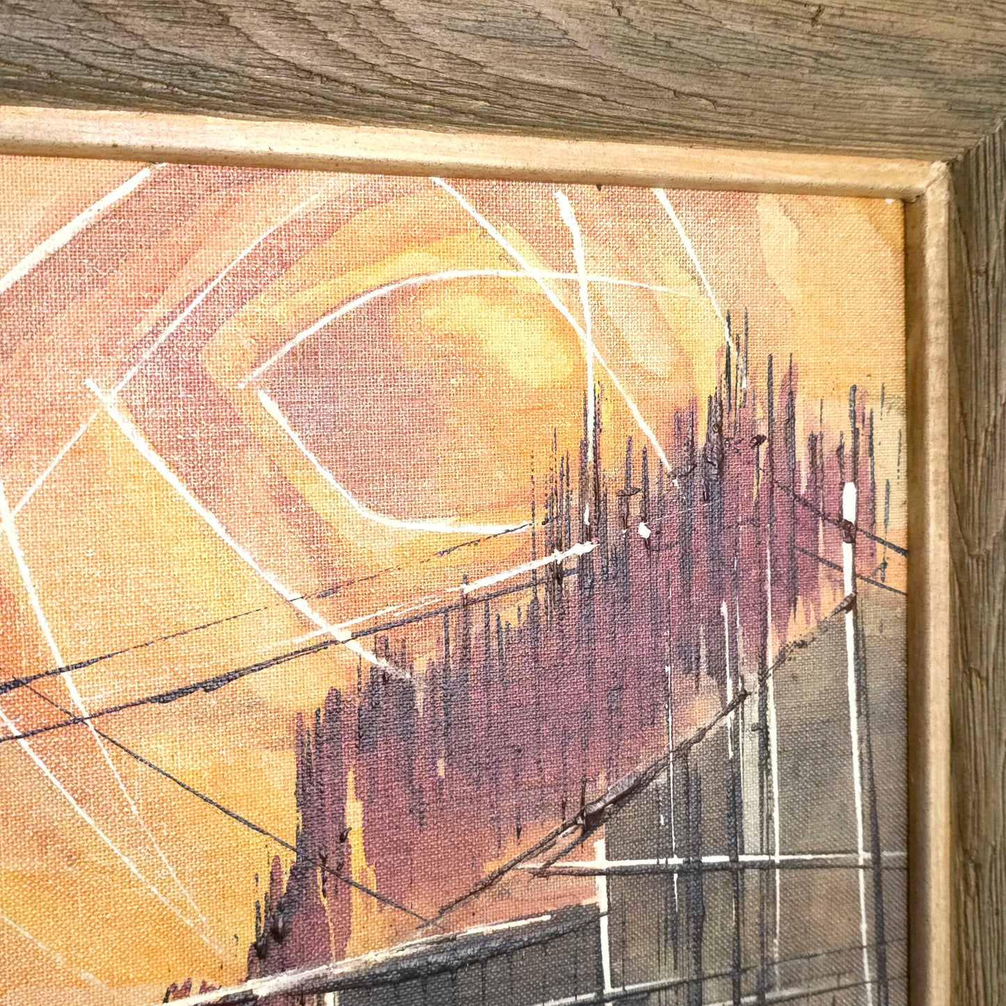 Detail of mid-century abstract sunset landscape painting by Caronna