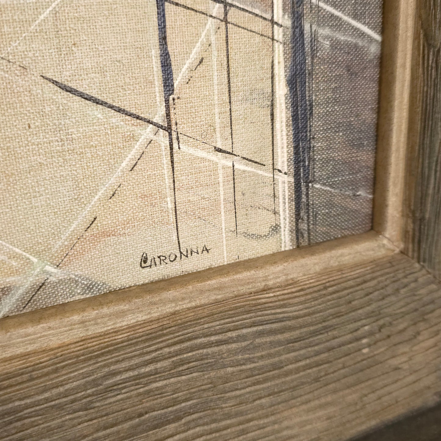 Signature detail of mid-century abstract sunset landscape painting by Caronna