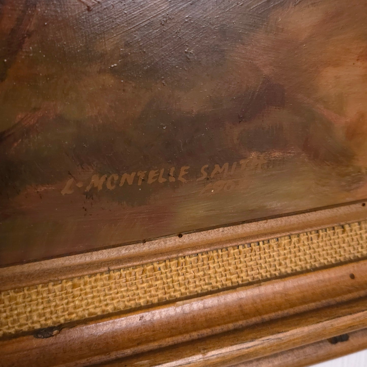 Signature detail of L Montelle Smith Forested Stream Landscape Painting