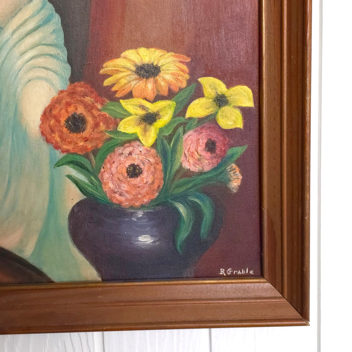 Signature detail of Venus de Milo floral still life painting
