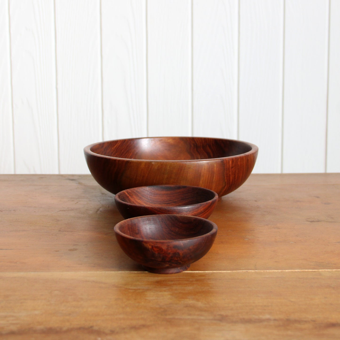 Vintage wooden bowl set with inset floral tiles