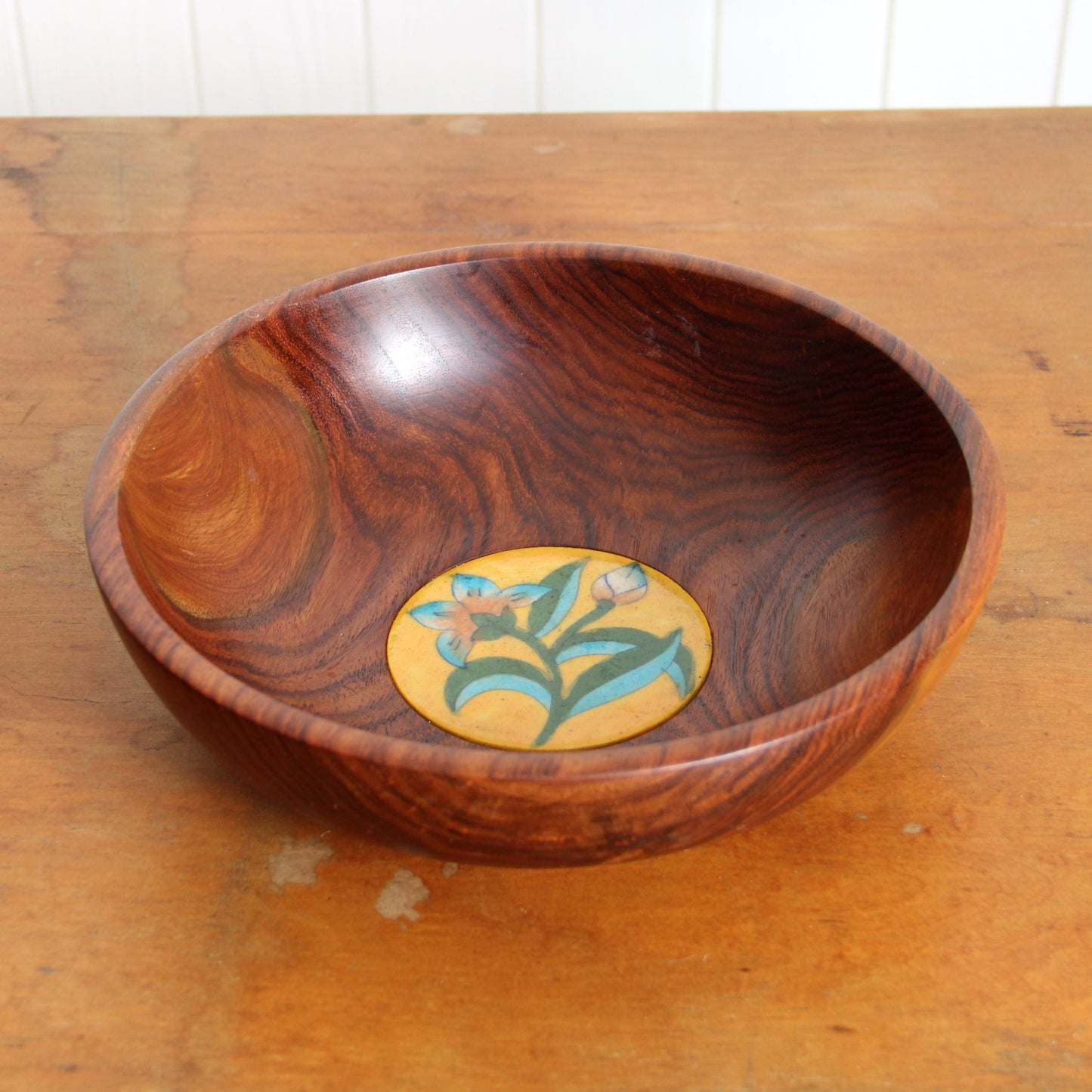 Vintage wooden bowl with inset floral tile
