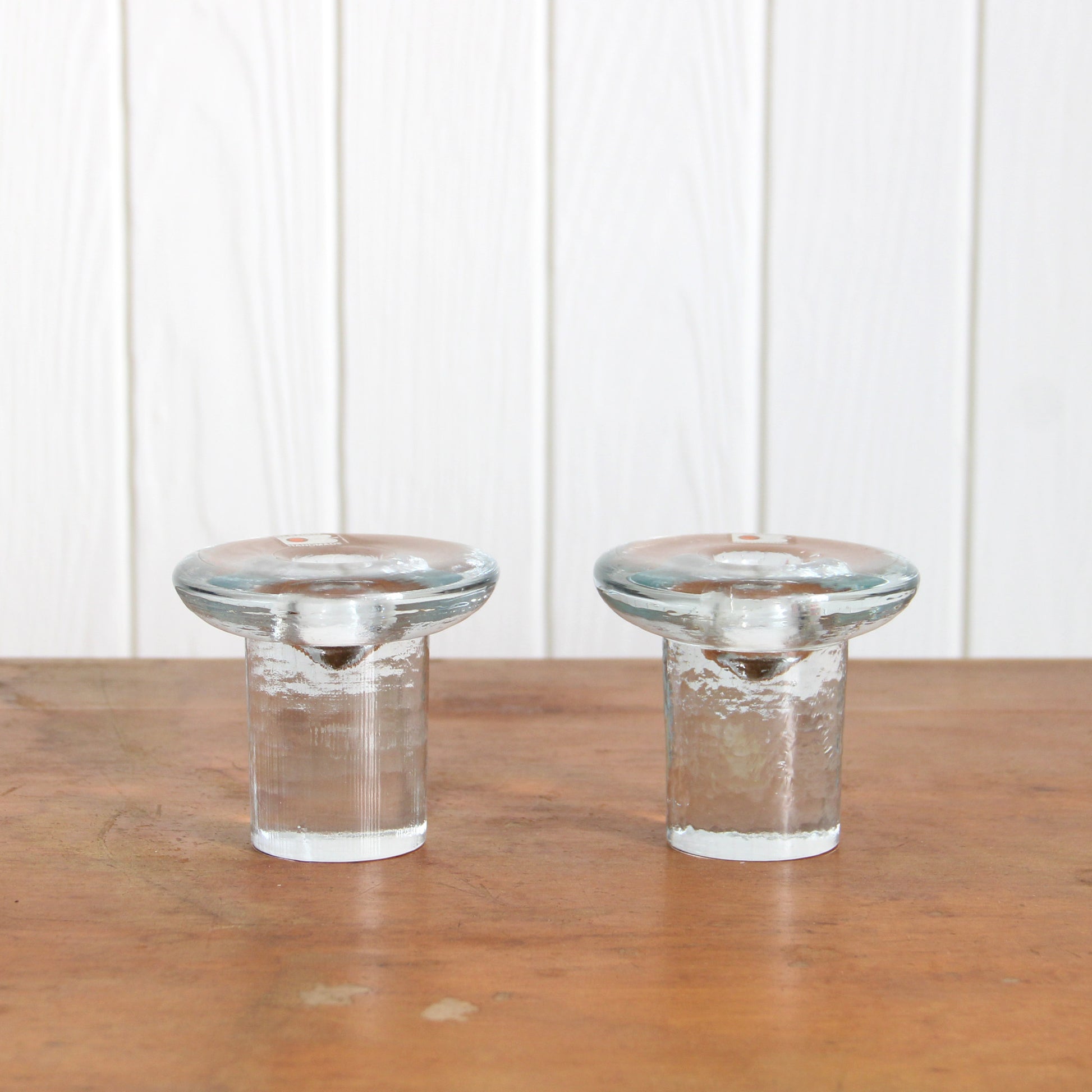 Vintage Blenko clear glass mushroom candleholders