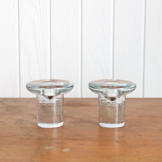 Vintage Blenko clear glass mushroom candleholders
