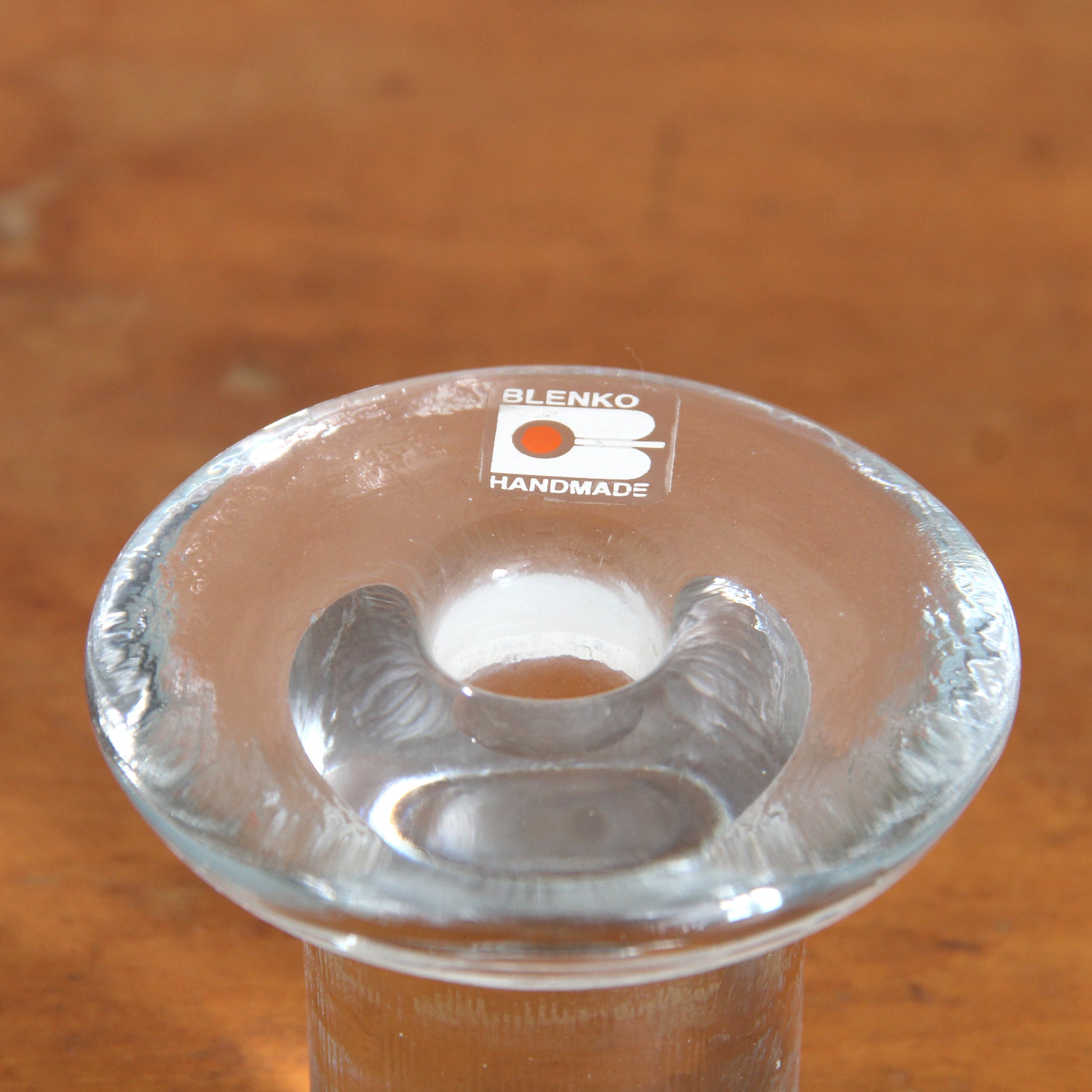 Vintage Blenko glass mushroom candleholder label