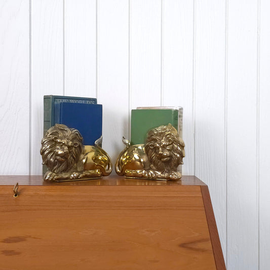 Vintage Cast Brass Lion Bookends
