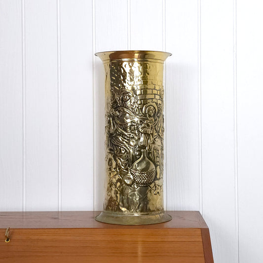 Vintage English Brass Relief Embossed Umbrella Cane Stand