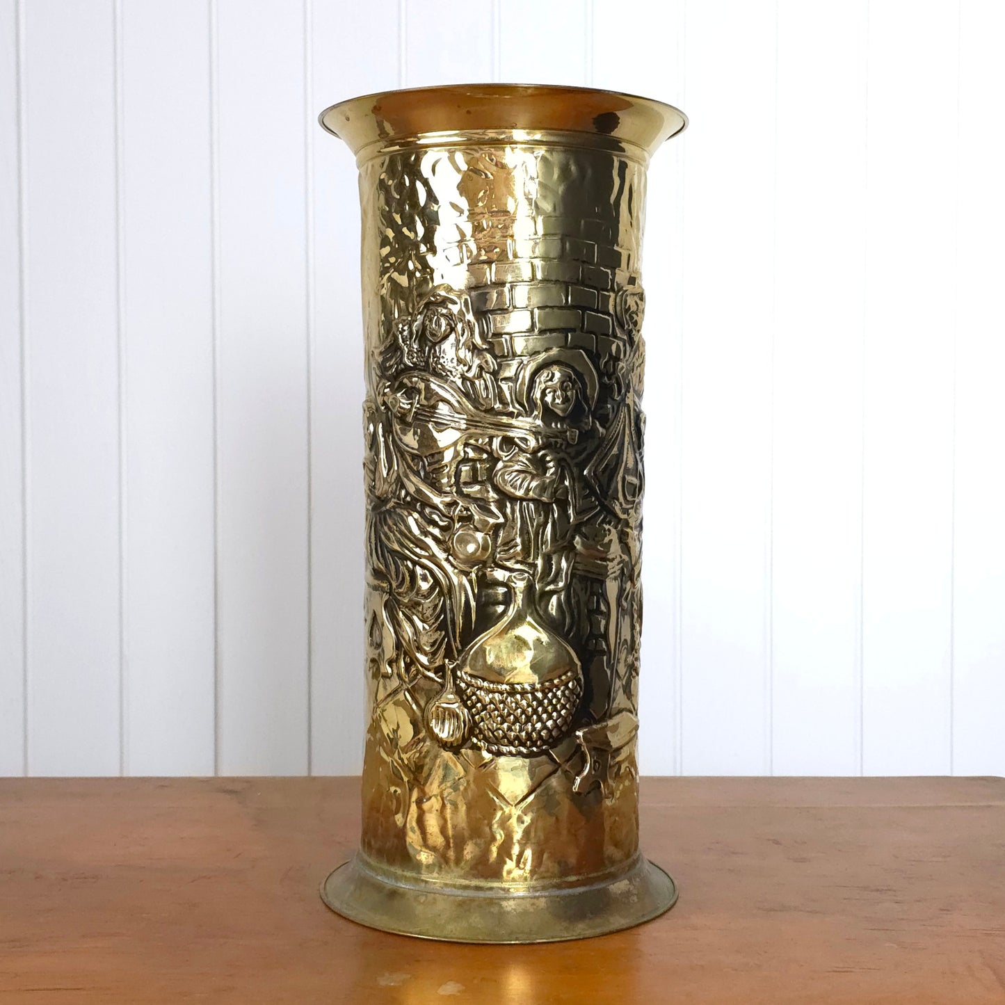 Vintage English Brass Relief Embossed Umbrella Cane Stand