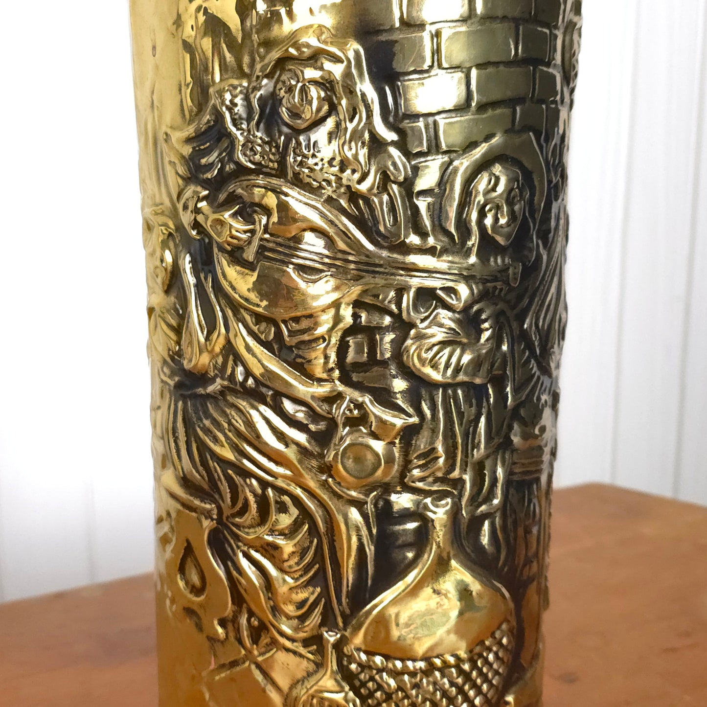 Detail of Vintage English Brass Relief Embossed Umbrella Cane Stand