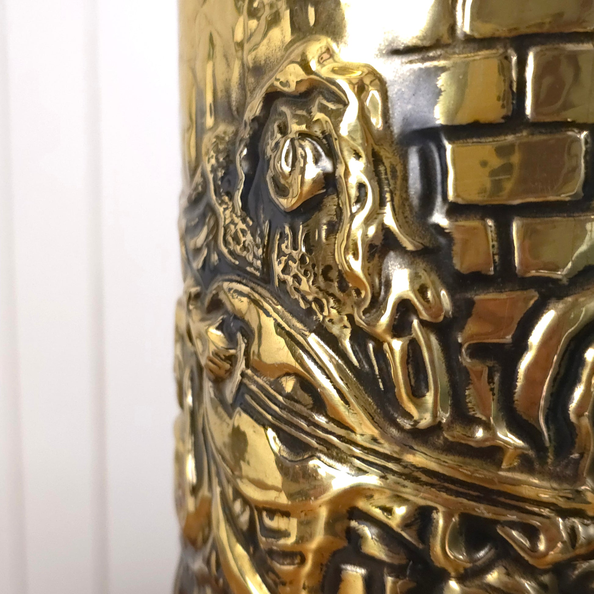 Detail of Vintage English Brass Relief Embossed Umbrella Cane Stand