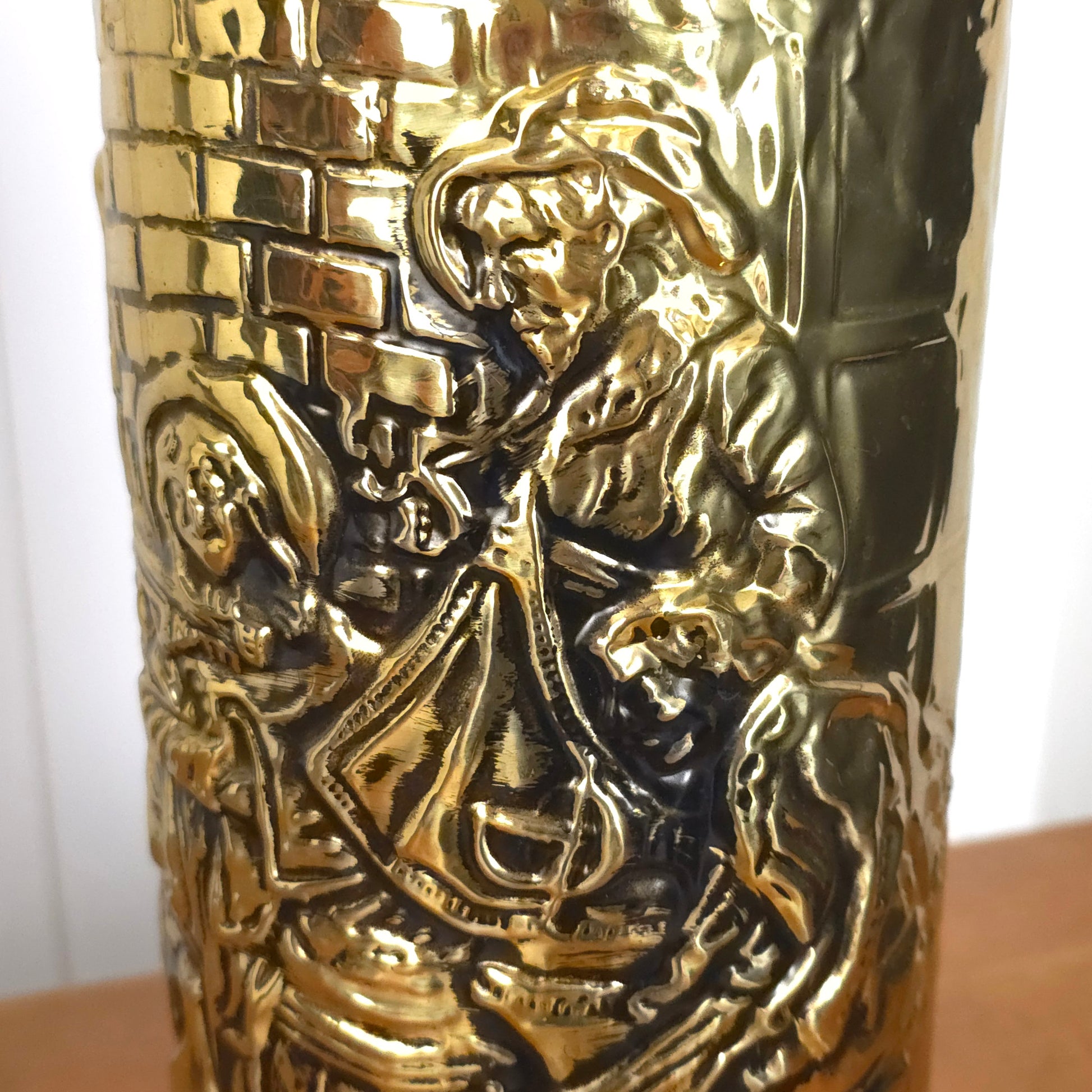 Detail of Vintage English Brass Relief Embossed Umbrella Cane Stand