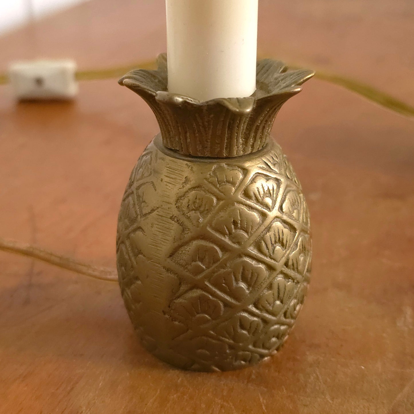 Detail of Vintage Brass Pineapple Candle Lamp Pair