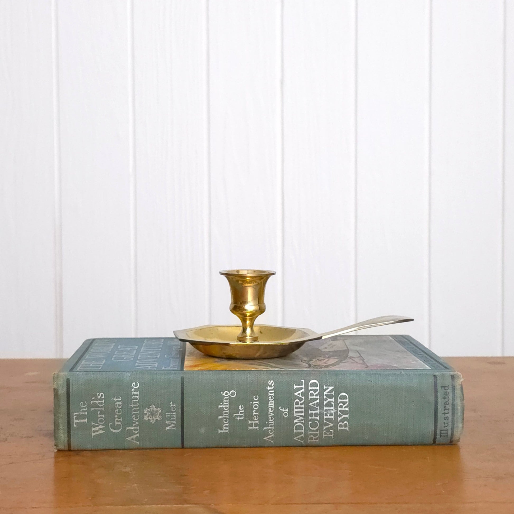Side view of Brass Tab Handle Mini Chamber Candlestick Holder