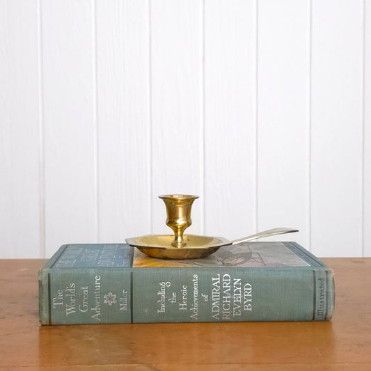 Side view of Brass Tab Handle Mini Chamber Candlestick Holder