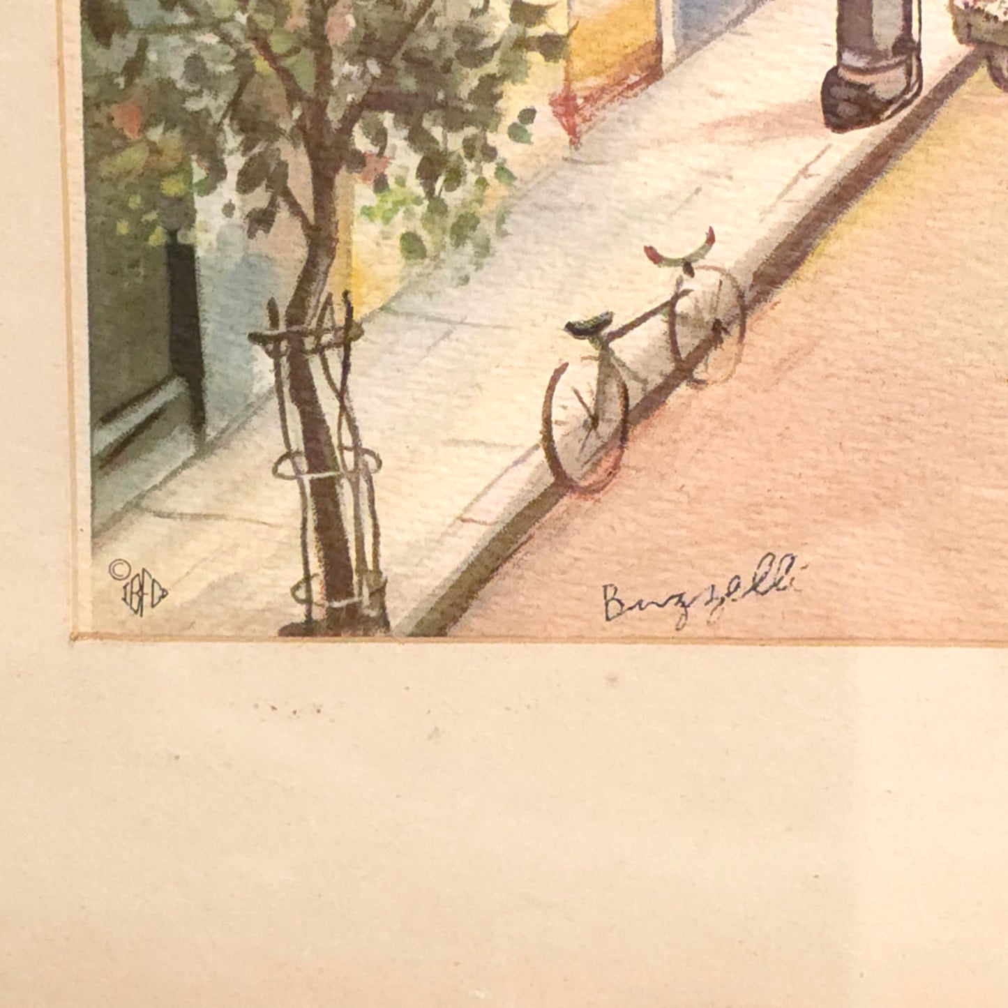 Signature detail of Montmarte Paris Street Scene Lithograph by JA Buzzelli