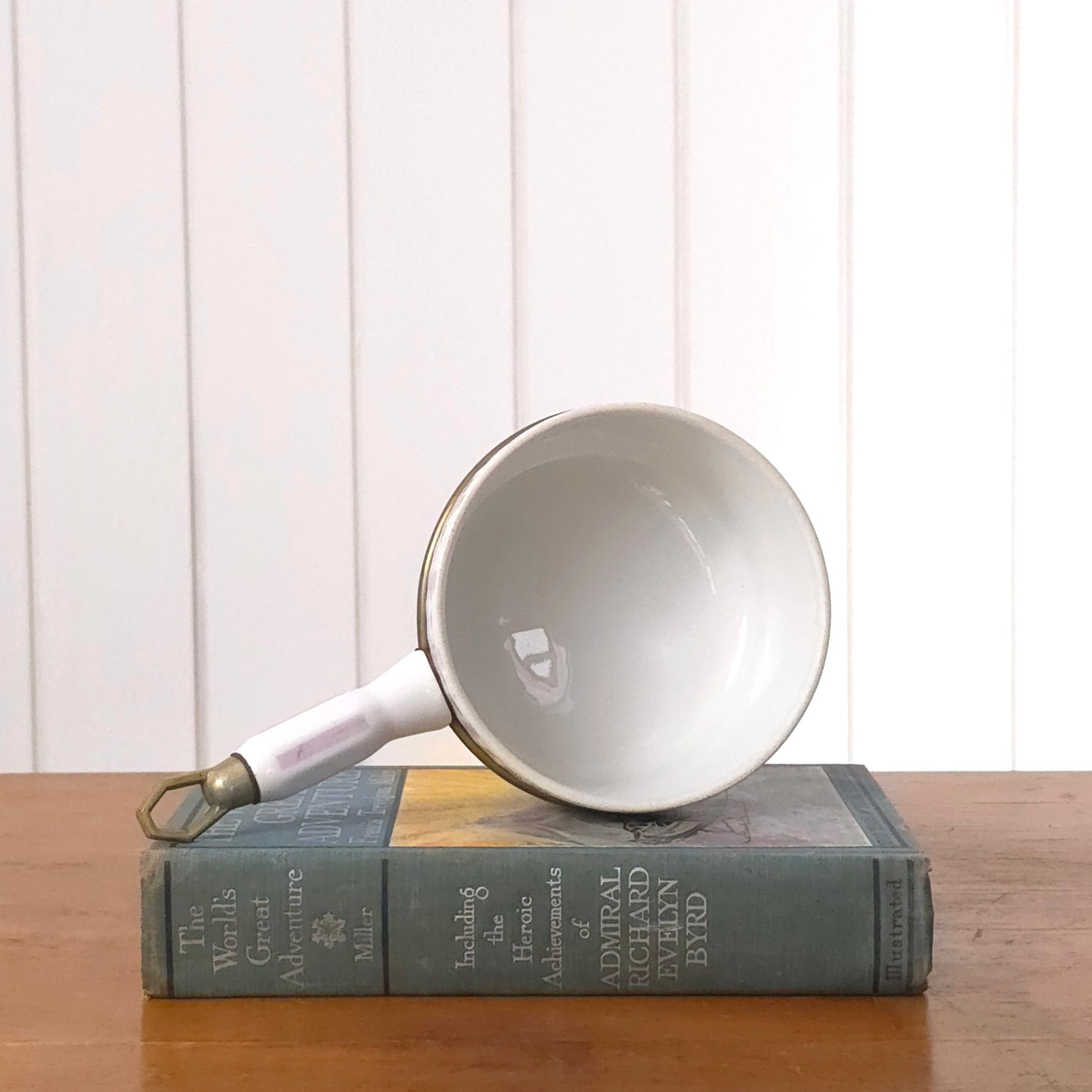 Interior of Vintage French Striped Porcelain Saucepan