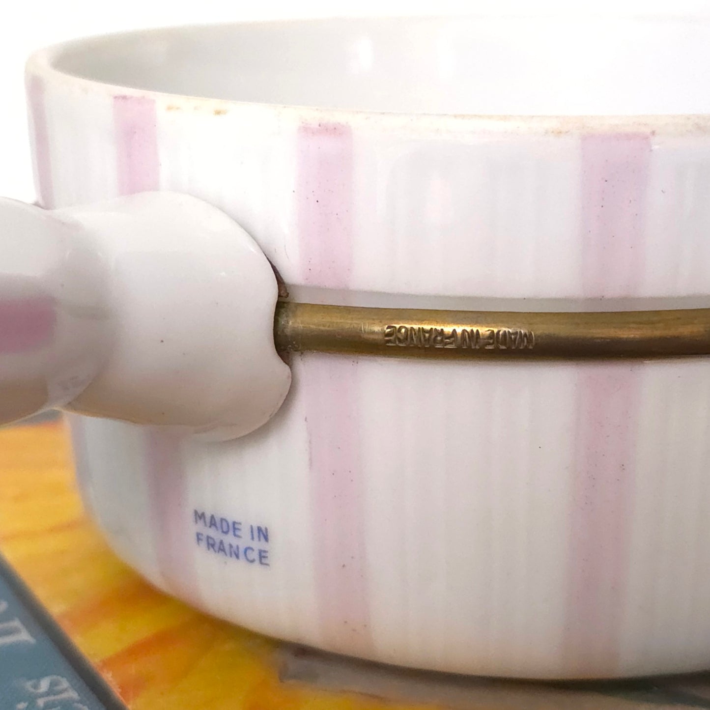 Signature details of Vintage French Striped Porcelain Saucepan