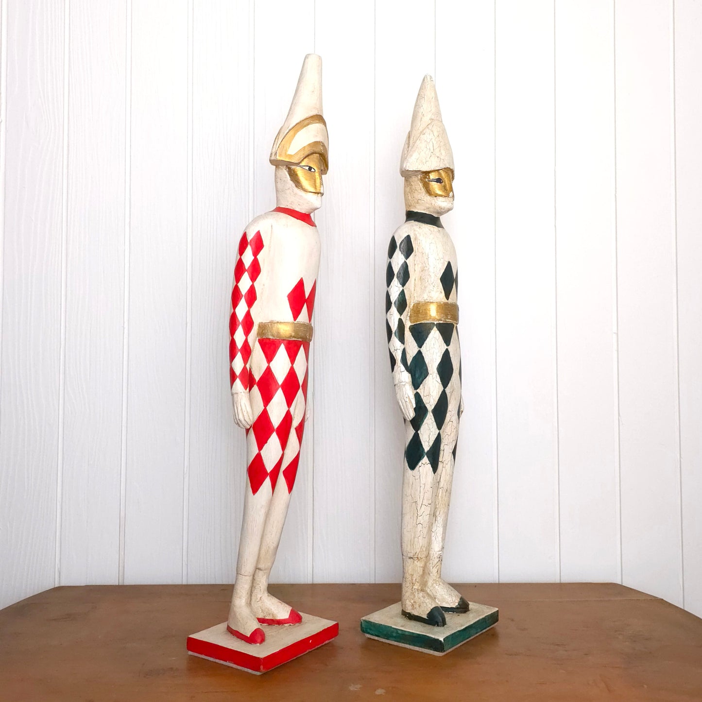 Italian Harlequin Wooden Jester Statues
