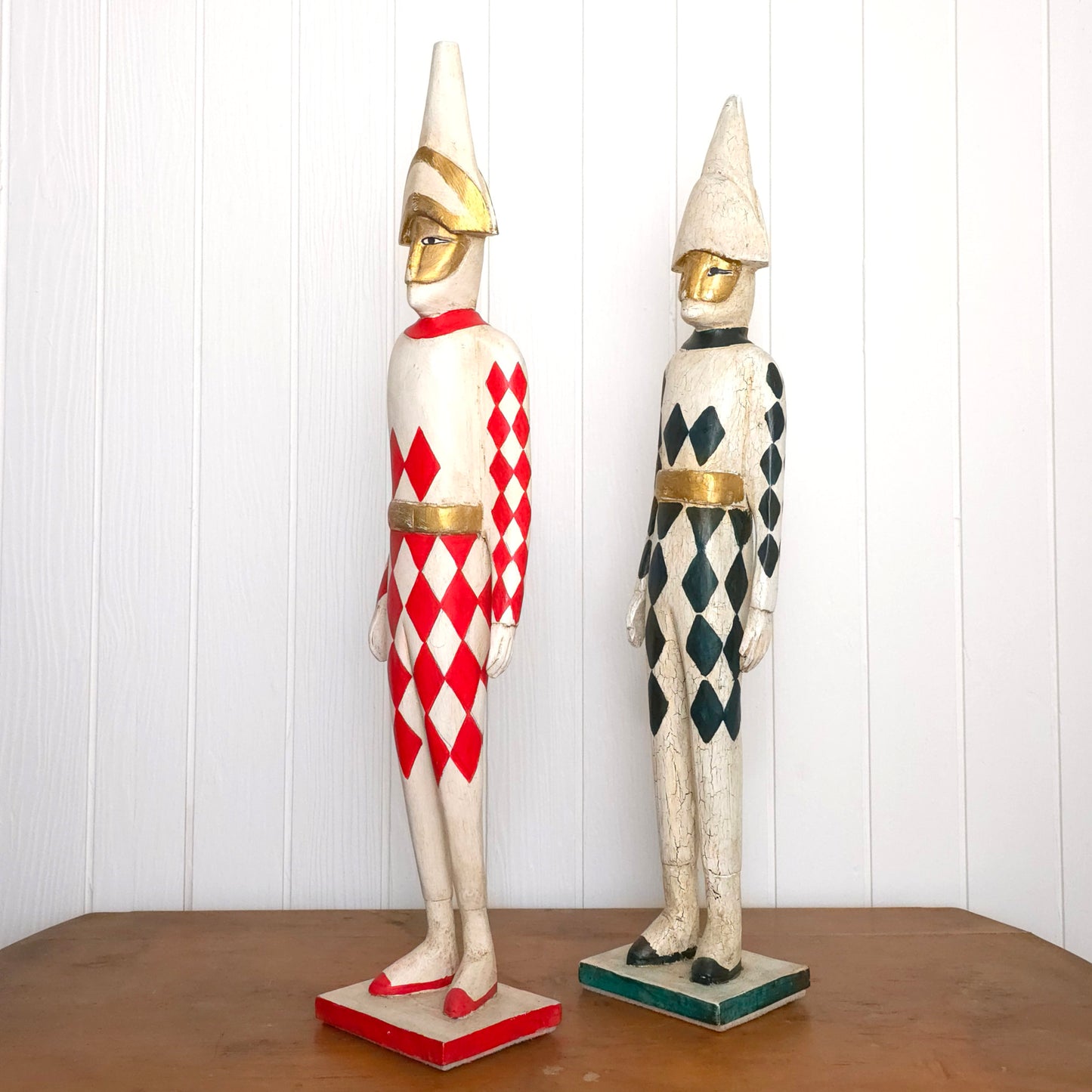 Italian Harlequin Wooden Jester Statues