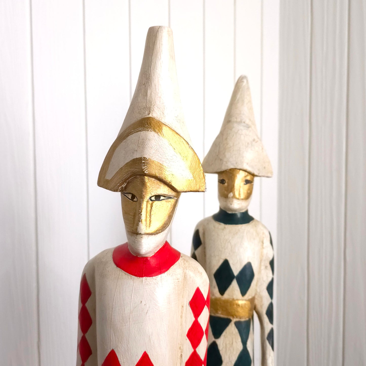 Detail of Italian Harlequin Wooden Jester Statues
