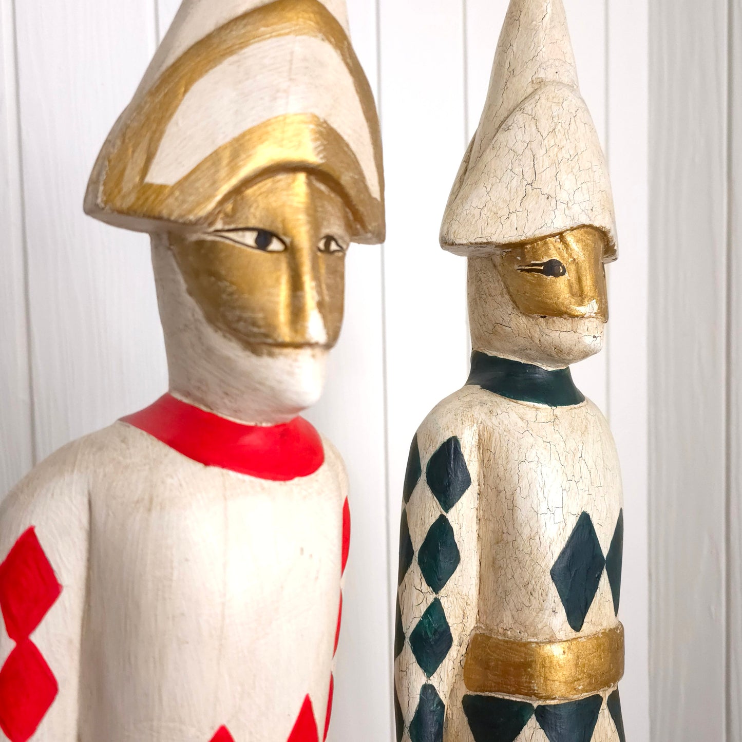 Detail of Italian Harlequin Wooden Jester Statues