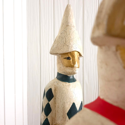 Detail of Italian Harlequin Wooden Jester Statues