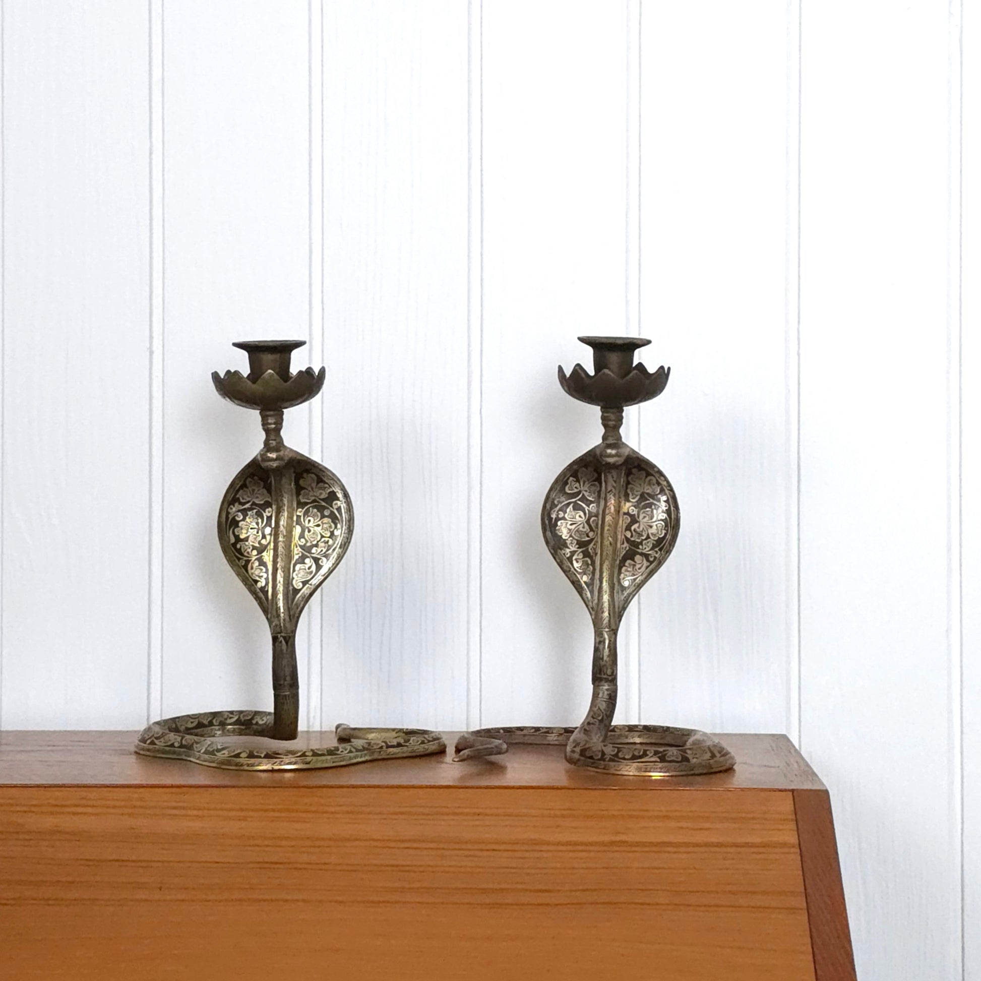 Vintage Indian Brass + Enamel Cobra Snake Candleholders