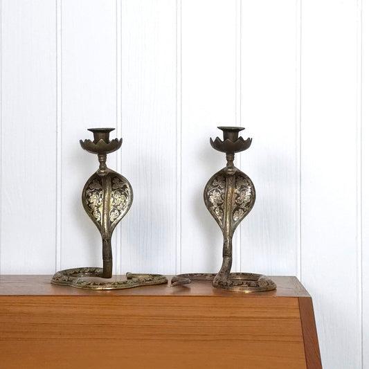 Vintage Indian Brass + Enamel Cobra Snake Candleholders