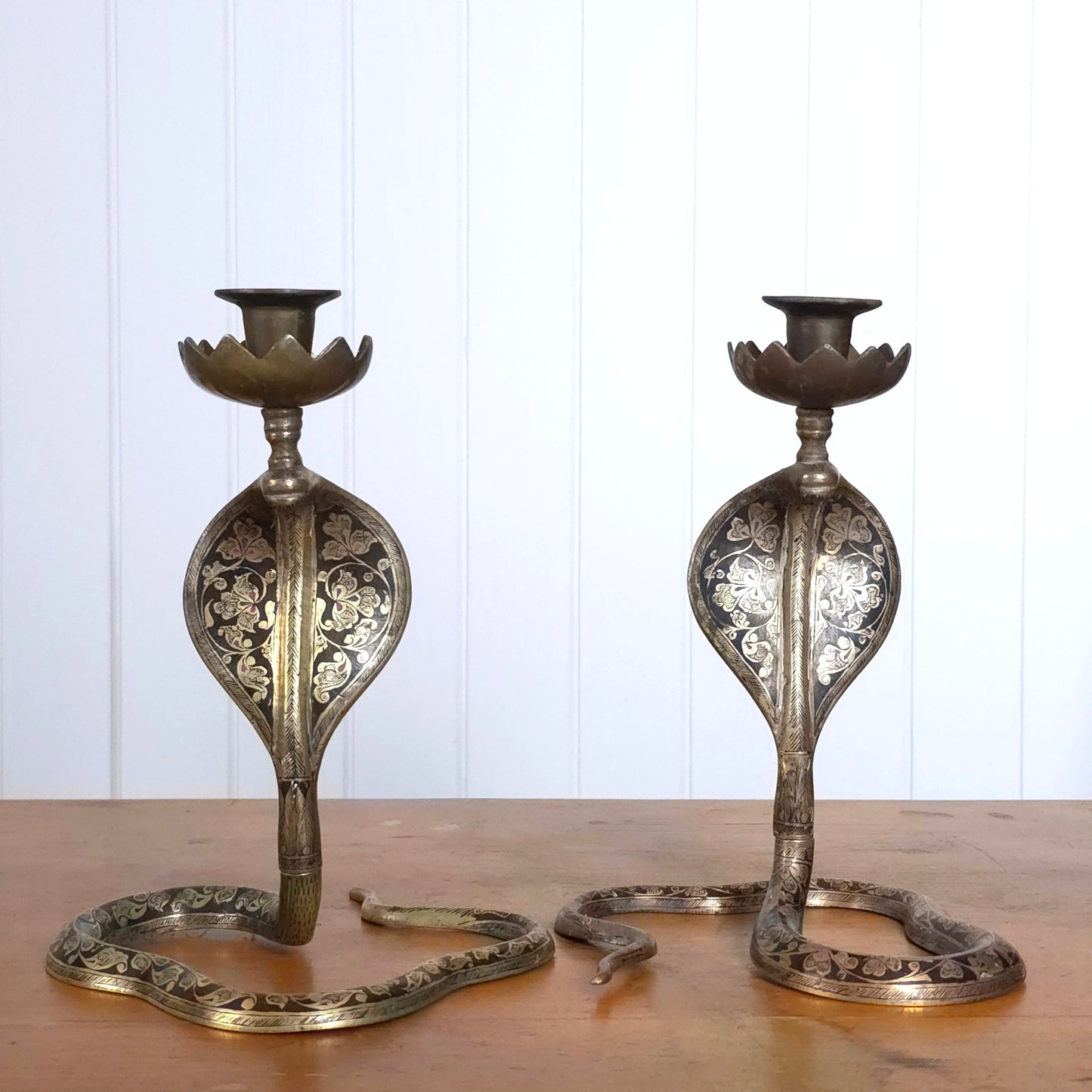 Vintage Indian Brass Enamel Cobra Snake Candleholders
