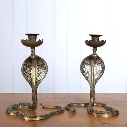 Vintage Indian Brass Enamel Cobra Snake Candleholders