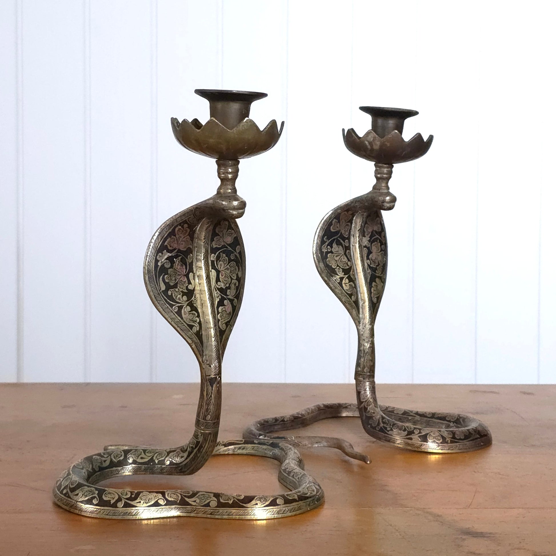 Vintage Indian Brass Enamel Cobra Snake Candleholders