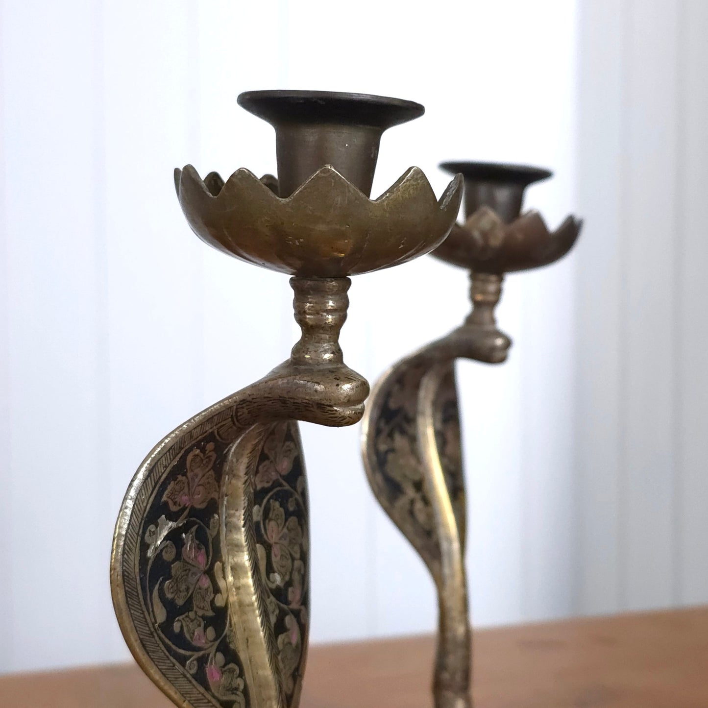 Detail of Vintage Indian Brass Enamel Cobra Snake Candleholders
