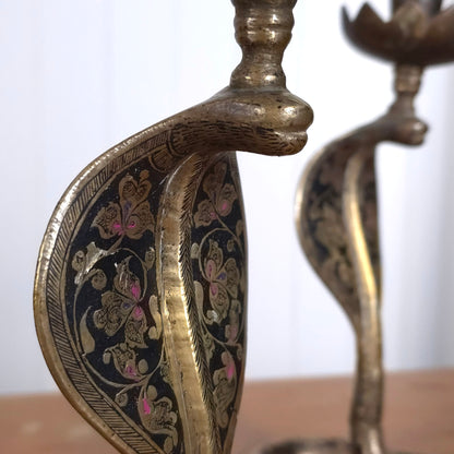 Detail of Vintage Indian Brass Enamel Cobra Snake Candleholders