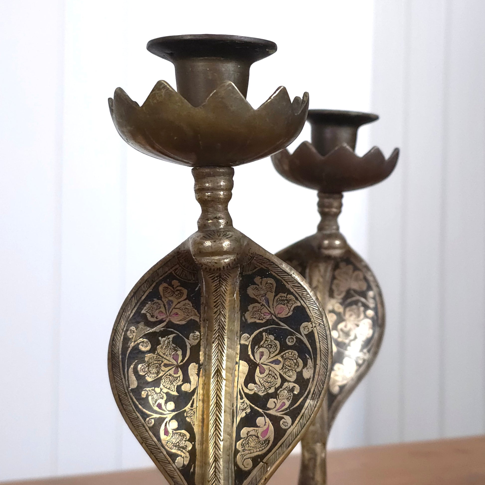 Detail of Vintage Indian Brass Enamel Cobra Snake Candleholders