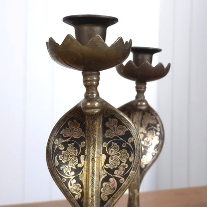 Detail of Vintage Indian Brass Enamel Cobra Snake Candleholders