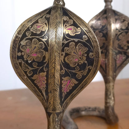 Detail of Vintage Indian Brass Enamel Cobra Snake Candleholders