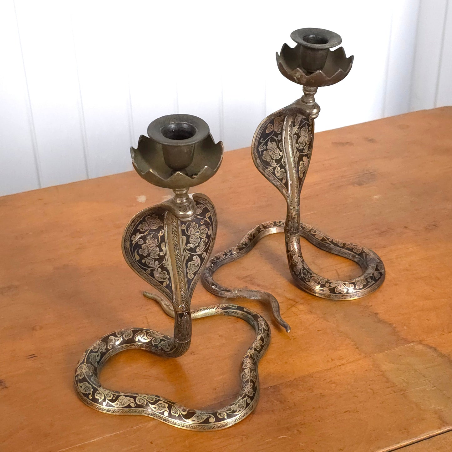 Vintage Indian Brass Enamel Cobra Snake Candleholders
