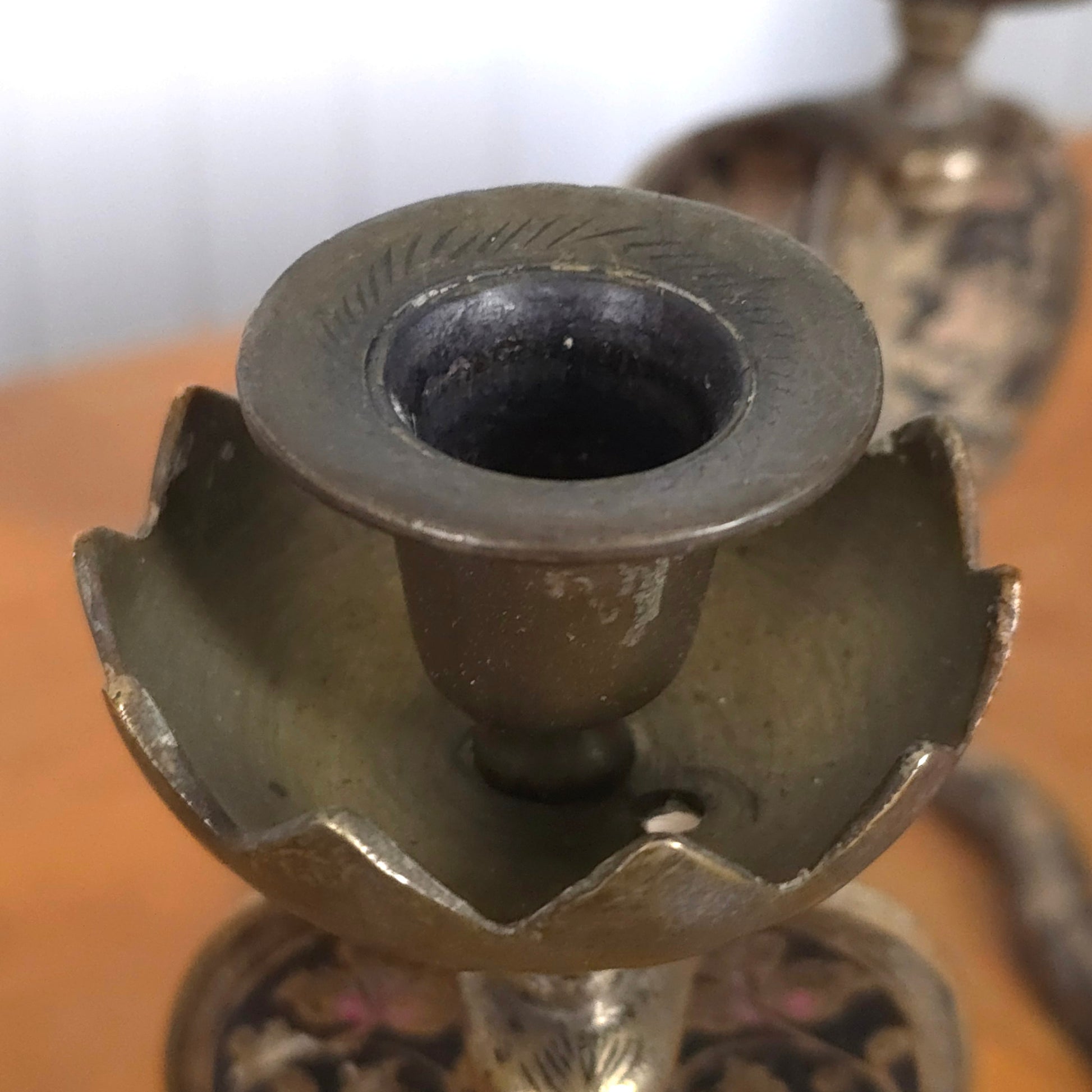 Detail of Vintage Indian Brass Enamel Cobra Snake Candleholders